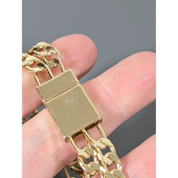 Gold Tone Figaro Double Chain Bracelet Magnetic Clasp 7" - Picture 5 of 8